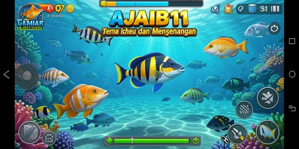 Screenshot utama AJAIB11 menunjukkan aksi menembak ikan yang seru.