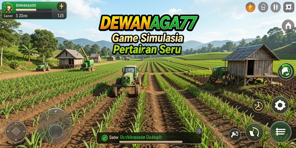 Tampilan gameplay seru DEWANAGA77 dengan ladang subur dan alat pertanian.