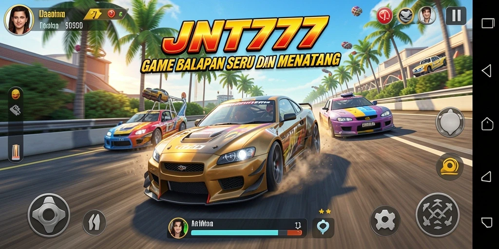 Gameplay seru JNT777 dengan mobil balap di lintasan.