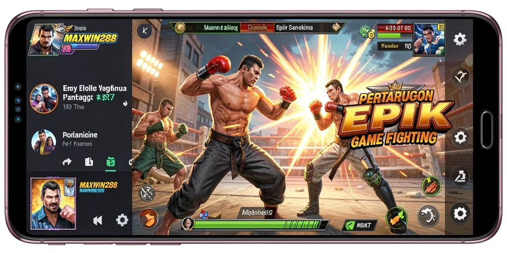 Screenshot gameplay MAXWIN288 menampilkan pertarungan karakter yang epic.