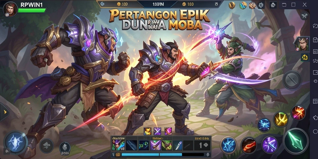 Tampilan game MOBA dengan pertempuran seru dan karakter unik.