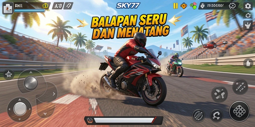 Screenshot utama SKY77 menunjukkan aksi balapan motor yang mendebarkan.