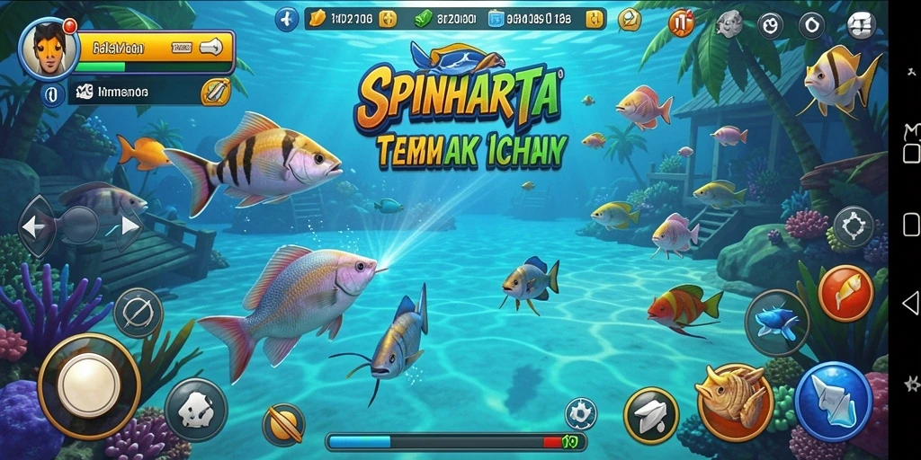 Screenshot gameplay SPINHARTA saat menembak ikan-ikan di lautan.
